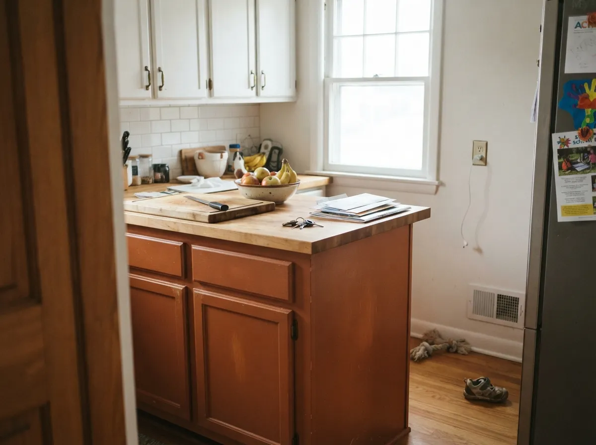 On an island under white cabinets, Topaz is the whole personality of one surface — brass hardware picks up the gold in it.