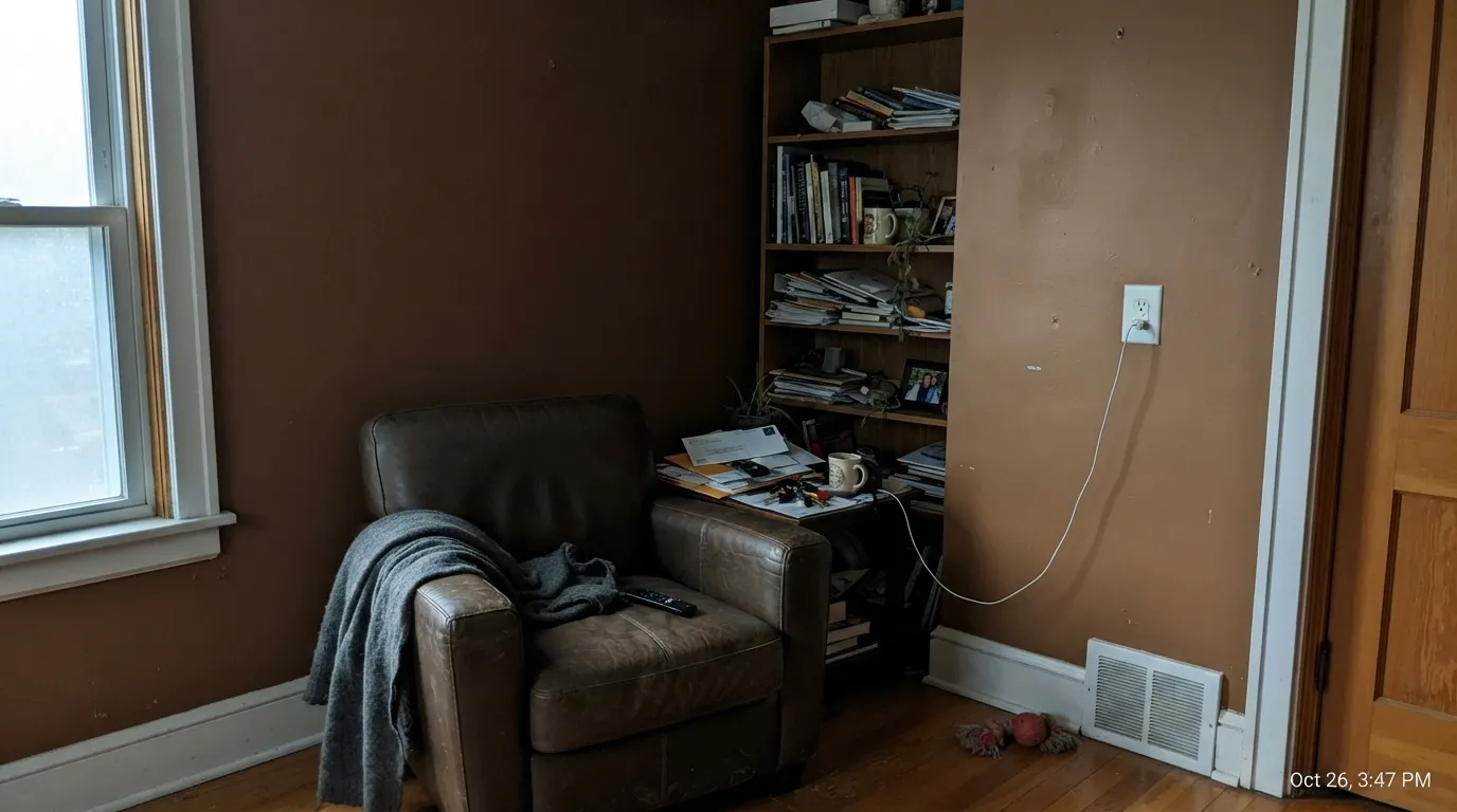 The honest shot: cool north light with no lamps drains the amber out and leaves a flat, muddy brown — the exact situation behind the disappointed reviews.