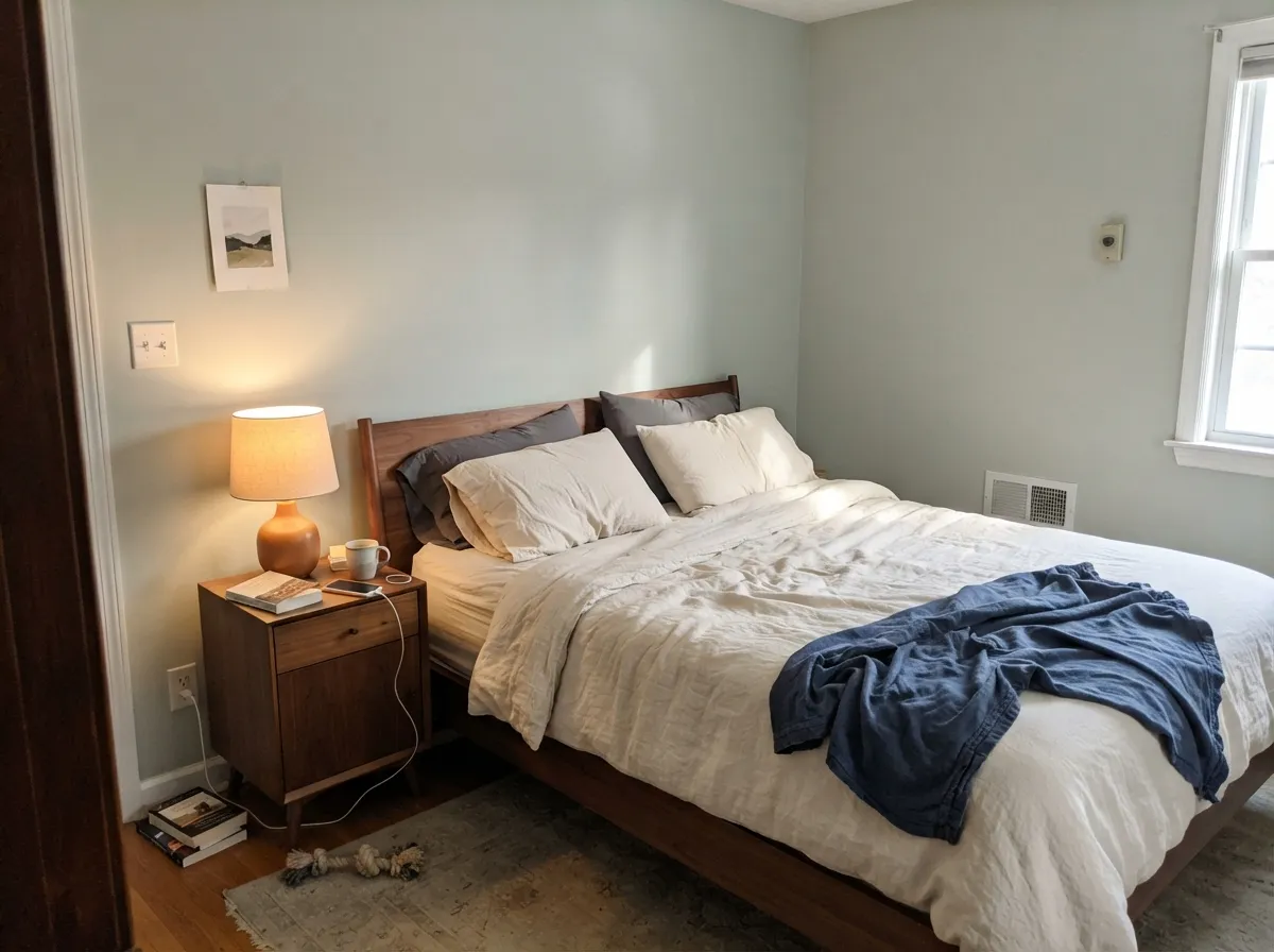 Against walnut and cream linen the green stays calm, not cold — the color's second-best room.