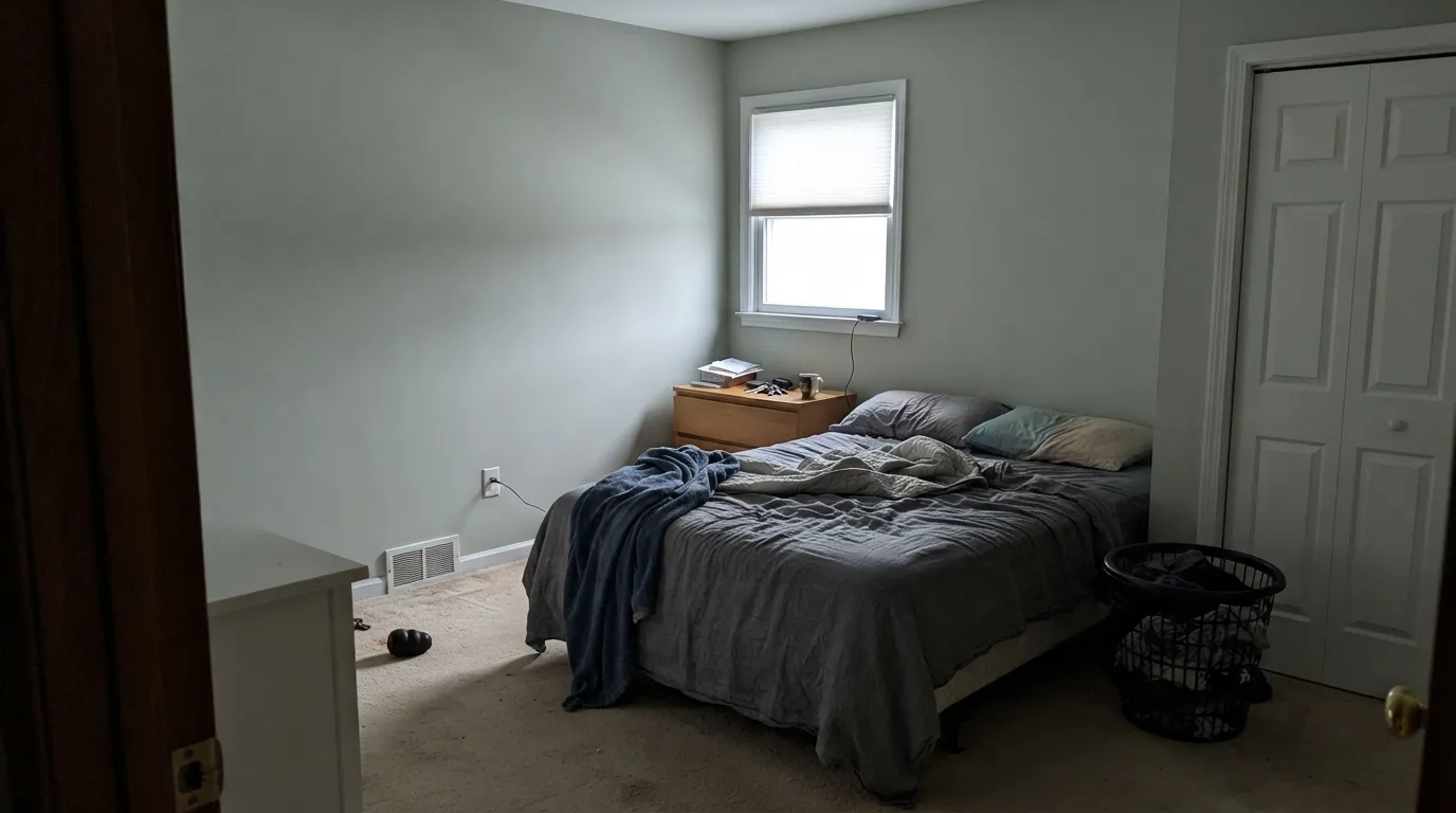 The honest shot: in a dim north room with no lamps, the green disappears and Tranquility settles into a flat, slightly cold gray — the exact letdown buyers describe when they wanted the spa-green look.