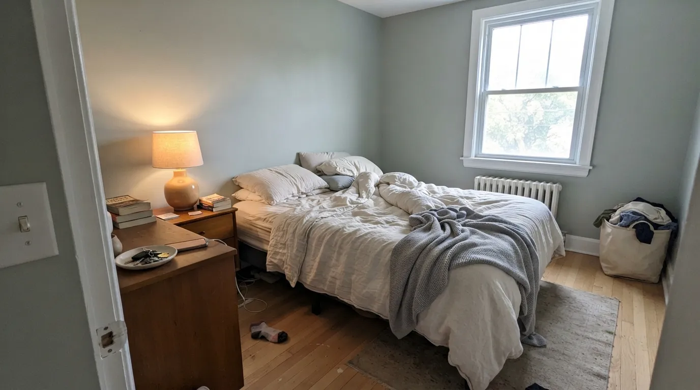 Vale Mist in real morning daylight — the silvered sage is unmistakable against white oak and cream linens.