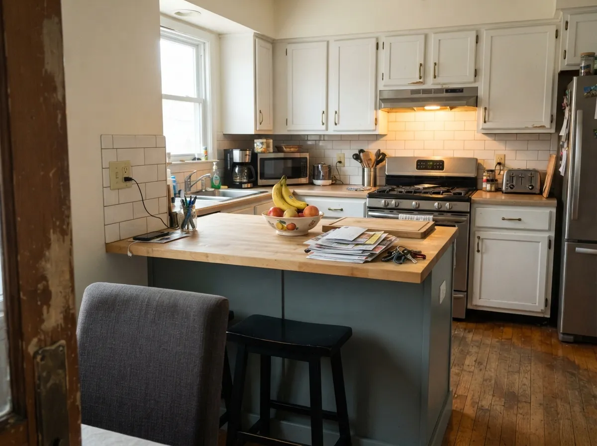 White upper cabinets keep the kitchen bright while the island carries the color — brass hardware warms the gray-green undertone.