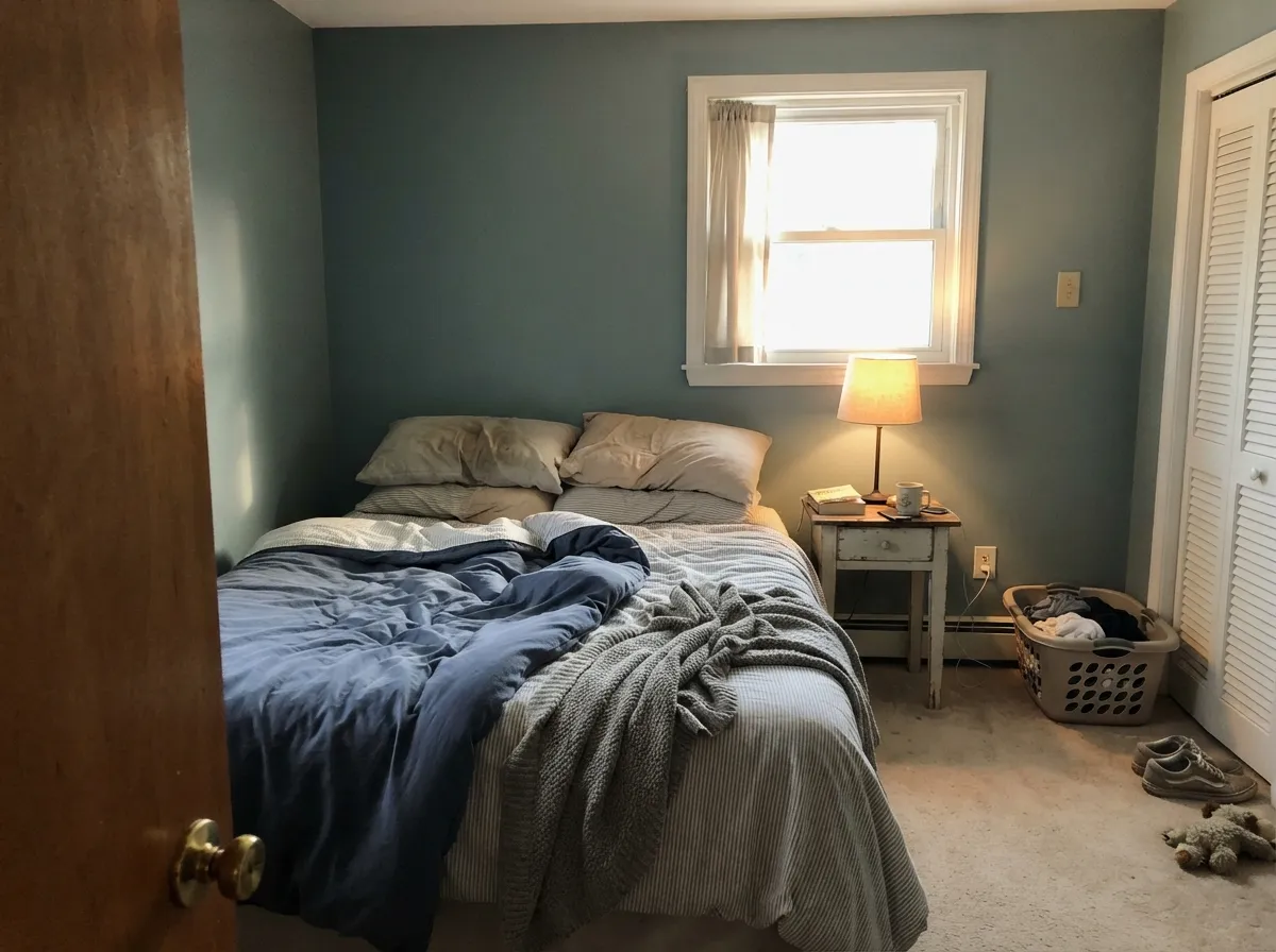 In a south-facing bedroom with real daylight it settles into a calm, grown-up blue — never nautical, never flat.