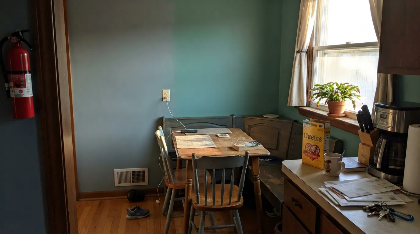 The honest shot: early east-facing morning sun and the blue reads distinctly green-teal — the exact surprise behind most "this looks nothing like the chip" reviews.
