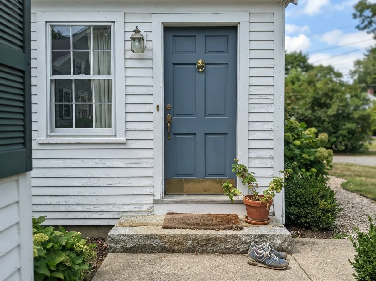 The classic exterior use — a cape-style door against white clapboard, reading confident blue-gray rather than heavy black-navy.