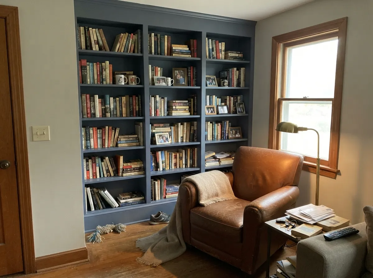 Built-ins with brass and leather nearby — the color reads substantial without going cold or flat.