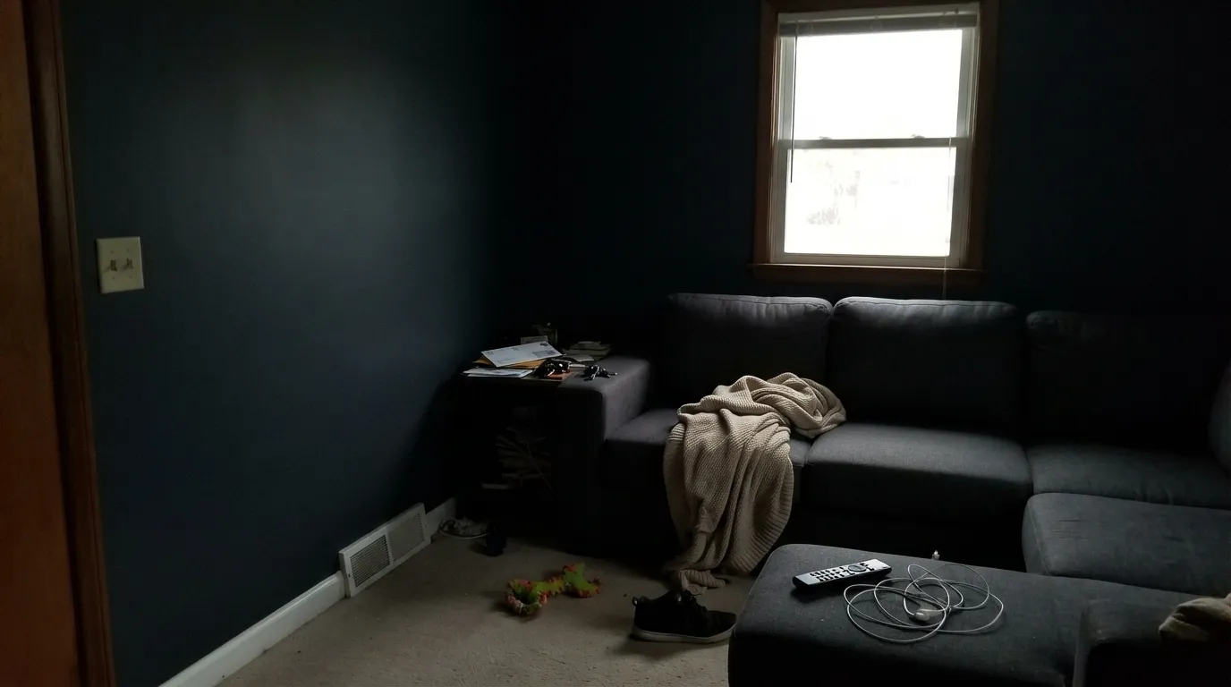 The honest shot: in dim north light it sinks to the same near-black weight as Hale Navy — the exact complaint from homeowners who picked it to avoid that weight.