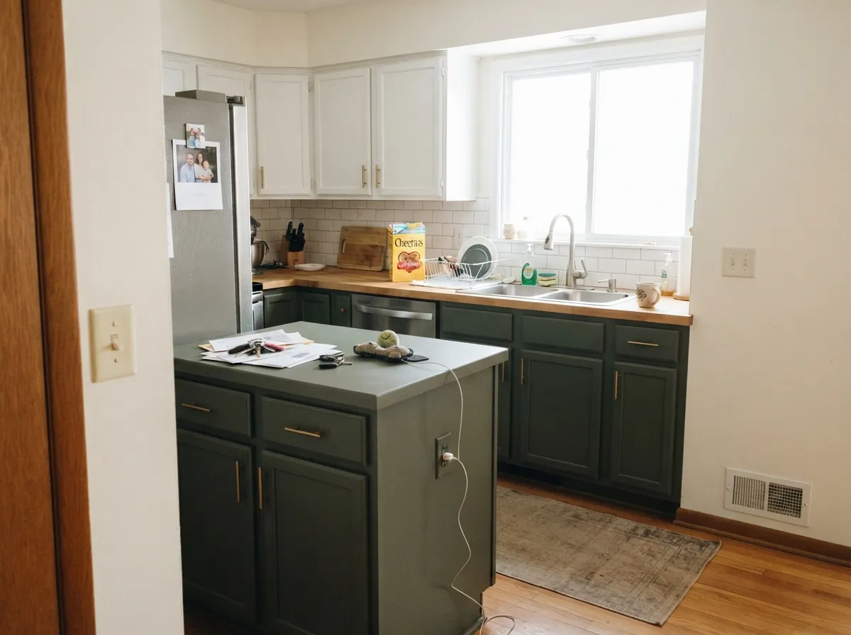 On an island the low reflectance is the point — it gives the kitchen weight while the white uppers keep the room open.