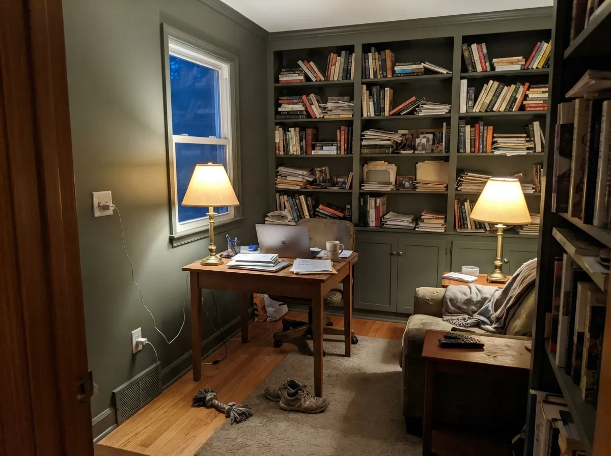 Under warm 2700K lamps the green holds near the light and slips toward charcoal in the corners — the evening trade-off with any LRV 12 color.