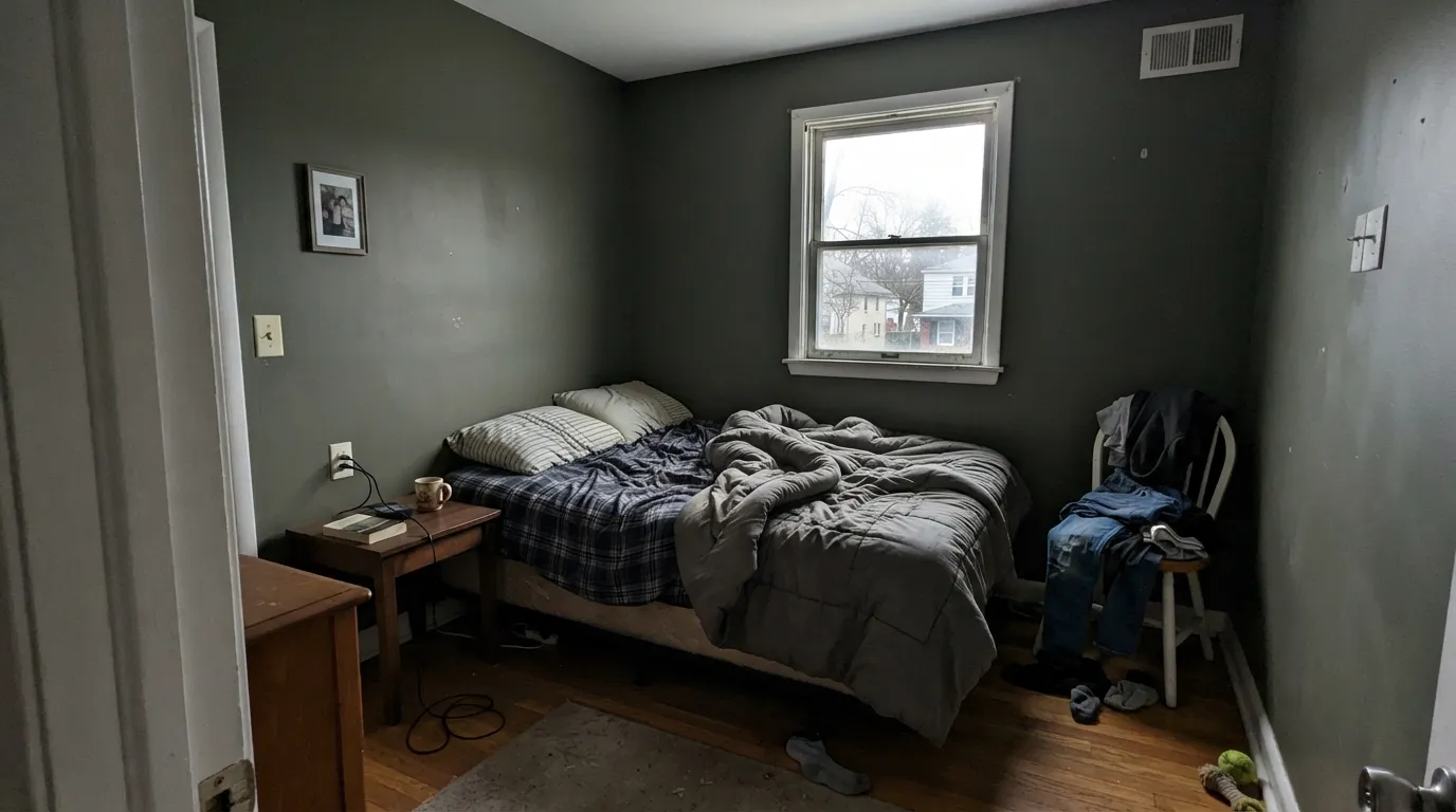 The honest shot: in a dim north room with no lamps the olive drains out and Vintage Vogue reads as flat dark gray — exactly the complaint behind most regrets.