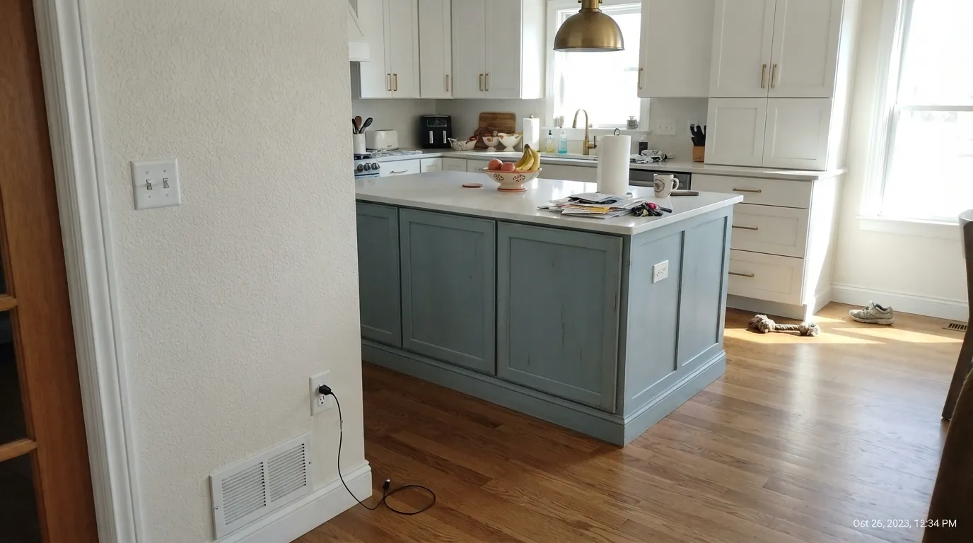 Wedgewood Gray on the island, White Dove on the perimeter — real daylight and brass hardware bring the blue-green forward and the color reads coastal, not gray.