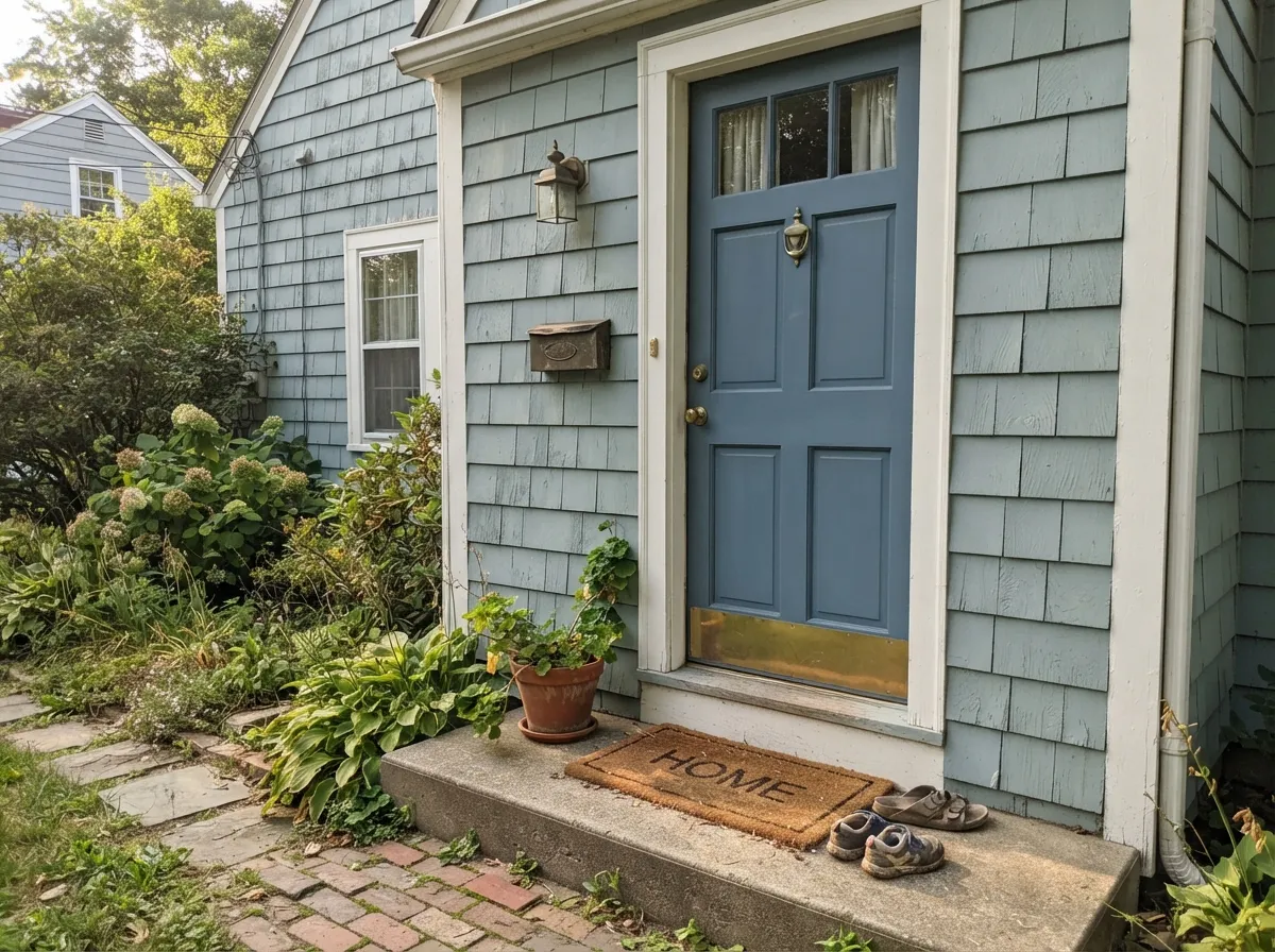 The classic exterior pairing: Wedgewood Gray siding against a deeper blue front door, almost exactly how Benjamin Moore's own marketing has shown it.