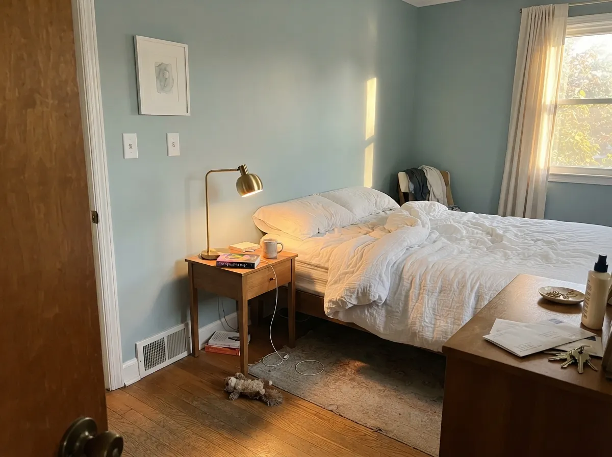 With real west light and crisp white linens the color settles into its restful coastal mood — this is the light it was made for.