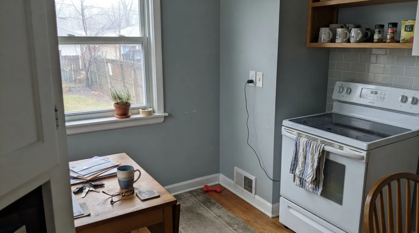 The honest shot: in a dim north-facing kitchen with no lamps, the green drains out and Wedgewood Gray reads as plain, flat slate gray — the exact 'too gray in my kitchen' complaint owners describe.