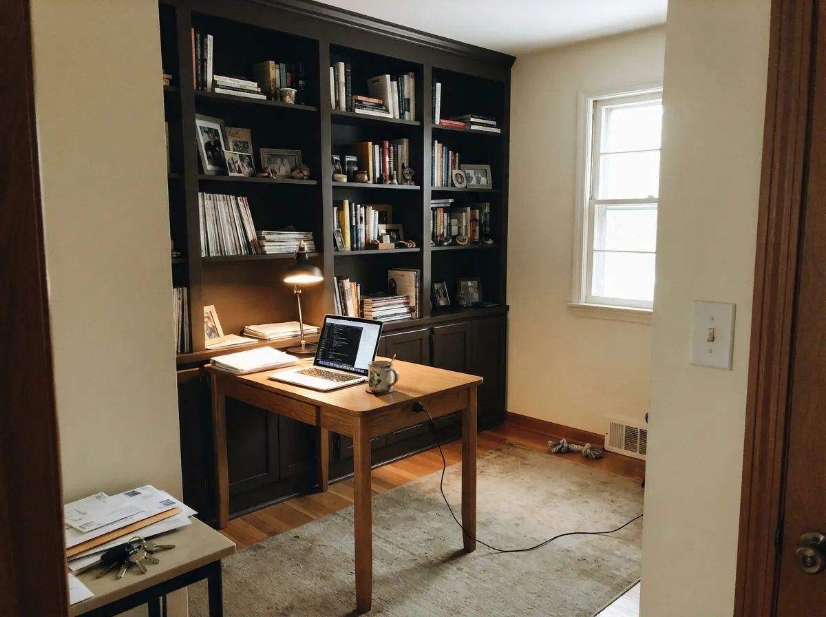 Built-ins under a warm desk lamp — this is the scale and the light Wenge was made for.