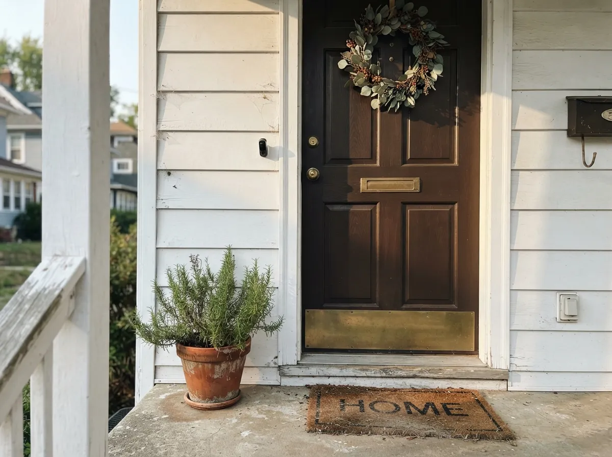 A warm near-black front door against white siding — the small dose that shows what the color can do.