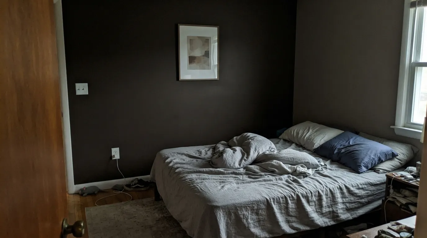 The honest shot: no lamp, no direct light — Wenge loses every trace of its brown warmth and just reads as a black hole in the room.