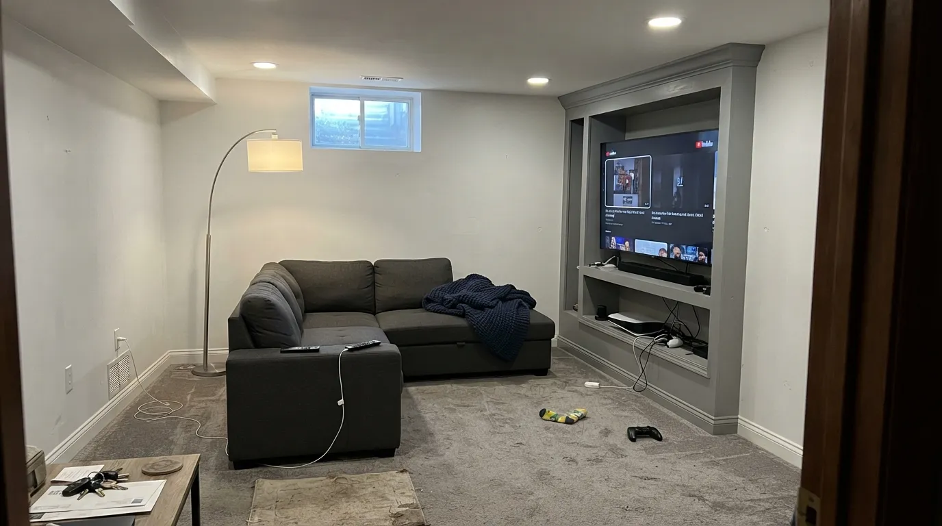 White Diamond running walls and ceiling in a daylight-free basement — LRV 86 plus warm 2700K bulbs is what keeps the room from reading like a storage box.