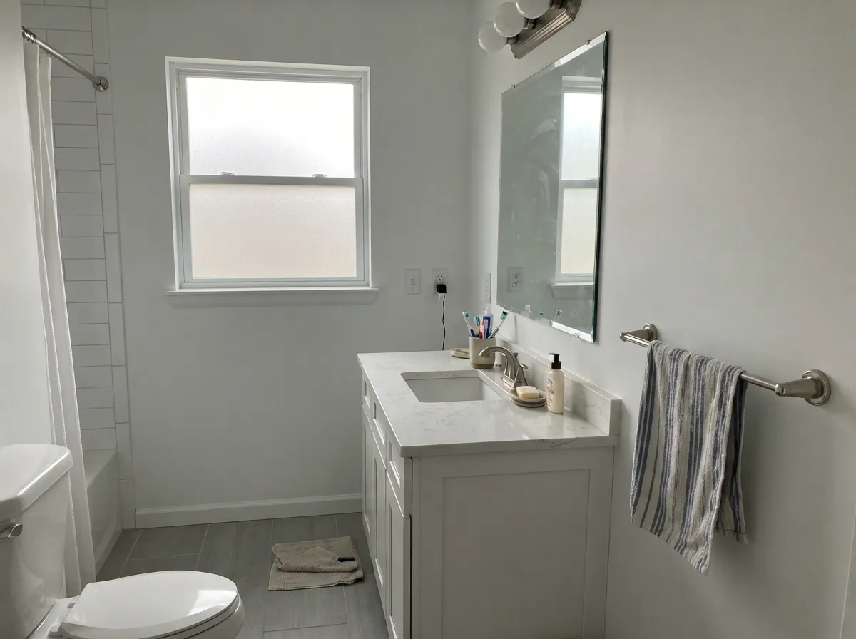 Against cool quartz and gray tile it stays clean white — no yellow cast pulling at the stone.