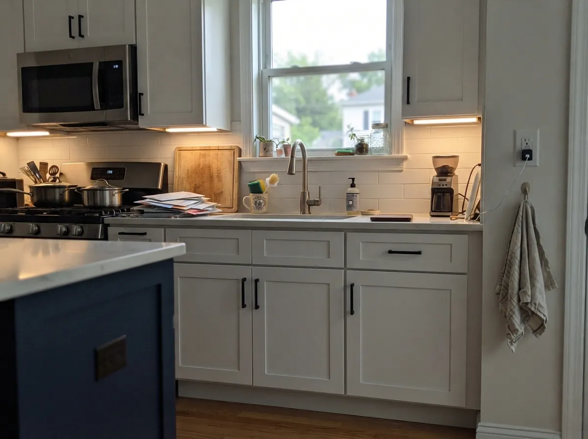 On cabinets it reads crisp against black hardware and stainless without the glare of a bright white.