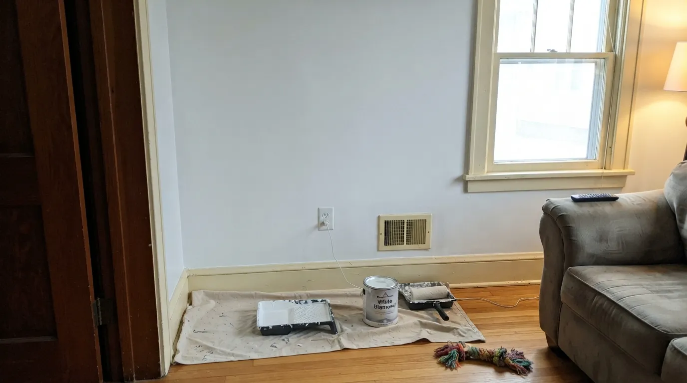 The honest shot: beside cream trim that is staying put, White Diamond reads gray and the trim reads yellow — the number-one complaint, and the reason both surfaces have to be painted.