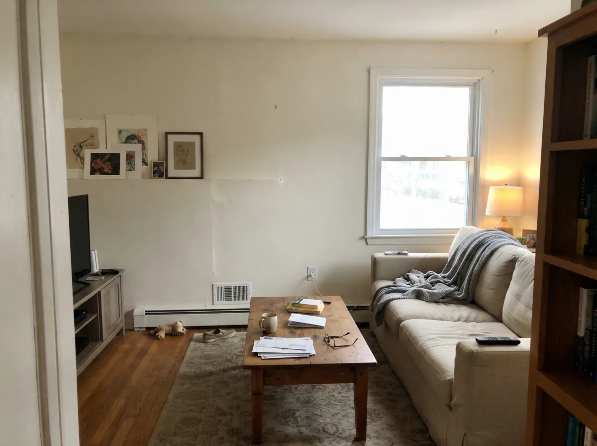 White Dove on living room walls and trim in daylight, with wood furniture and framed art.