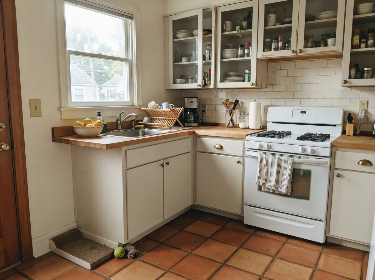 White Dove kitchen cabinets in satin with brass hardware and butcher-block counters.