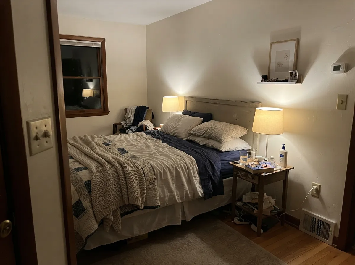 White Dove bedroom walls warmed by 2700K lamplight at night.