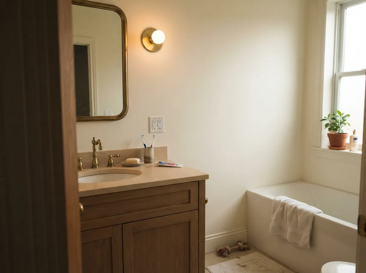 White Dove bathroom walls with warm stone counters, wood vanity, and brass fixtures.