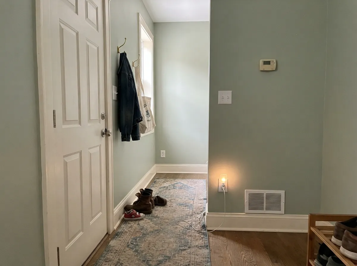 White Dove semi-gloss trim and door against sage-green walls.