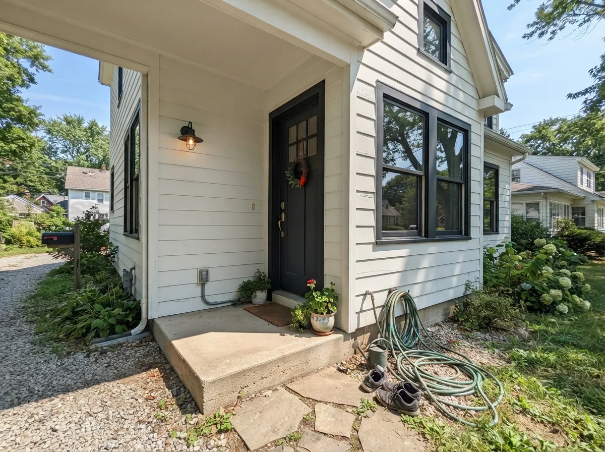 White Dove exterior siding with black trim and windows in full sun.