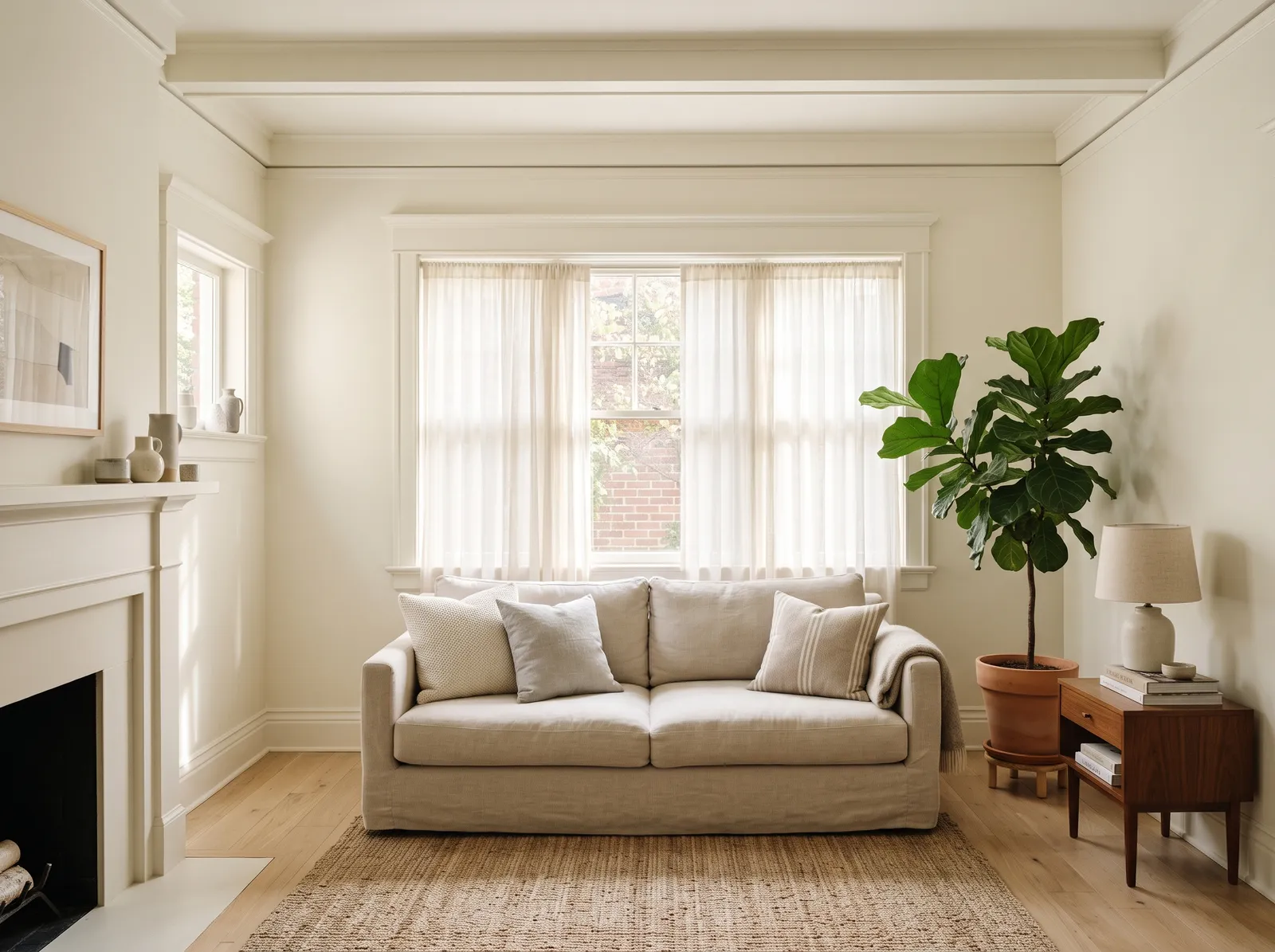 South daylight, oak floor, one color everywhere. The creamy warmth shows without a hint of yellow — the best case.