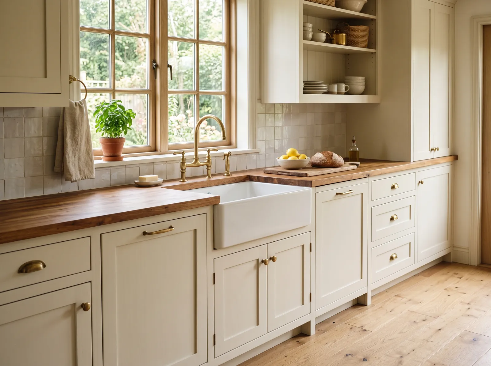 The combination it was born for: cabinets, brass, warm wood.