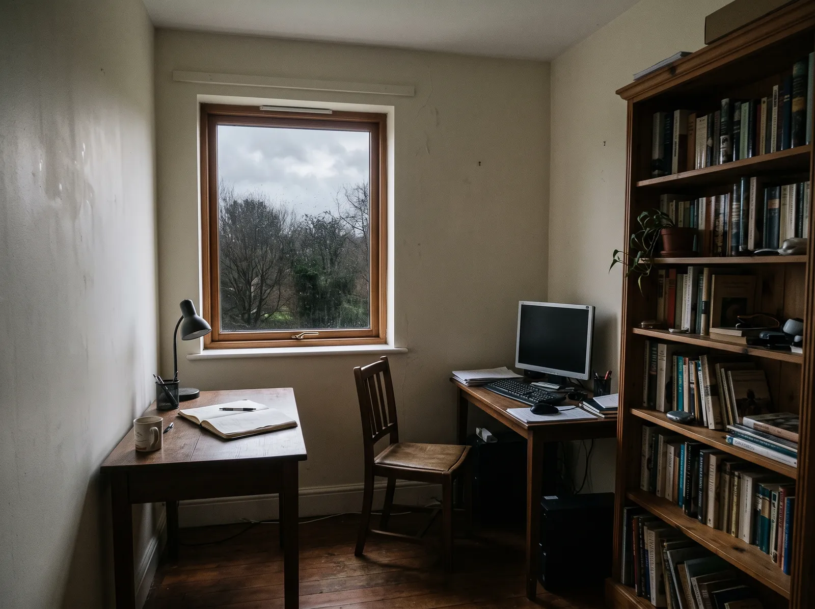 The same paint in a dim north room: warmth drained, grey base exposed. This is the light where White Dove disappoints.