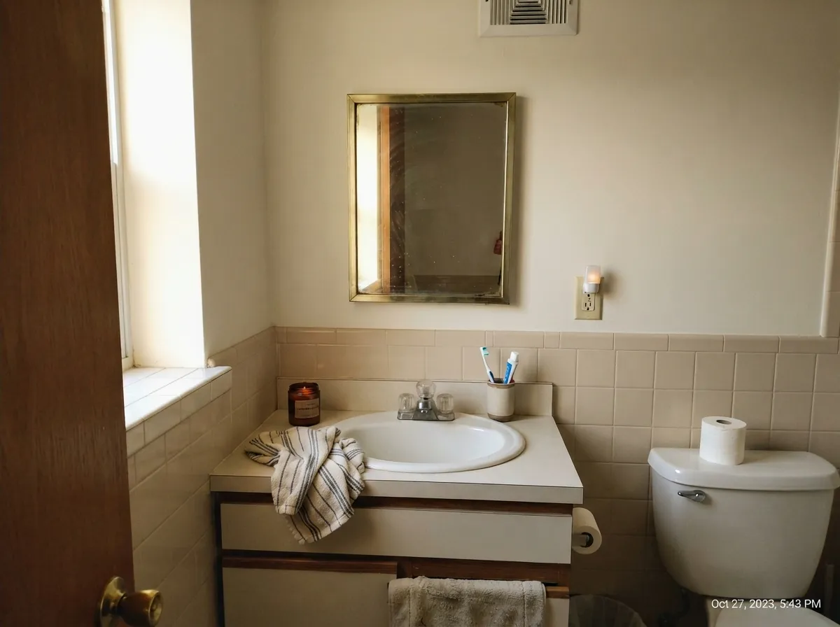 A west-facing bathroom with warm beige fixtures — the pairing one real owner specifically reported working well.