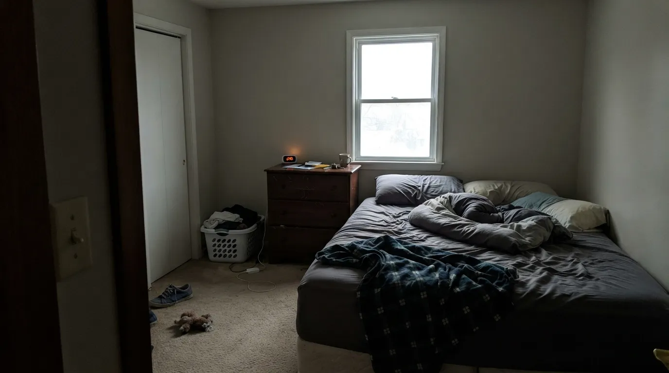 The honest shot: in a dim north room with no lamps, the warmth drains out and White Down goes flat and dingy — the single most common complaint about this color.