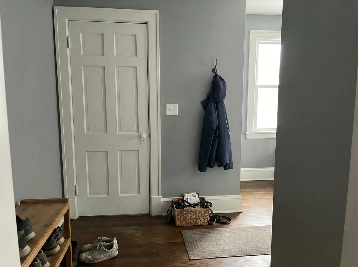 Semi-gloss White Heron trim against true-gray walls — clean, with no warm-cool argument between them.