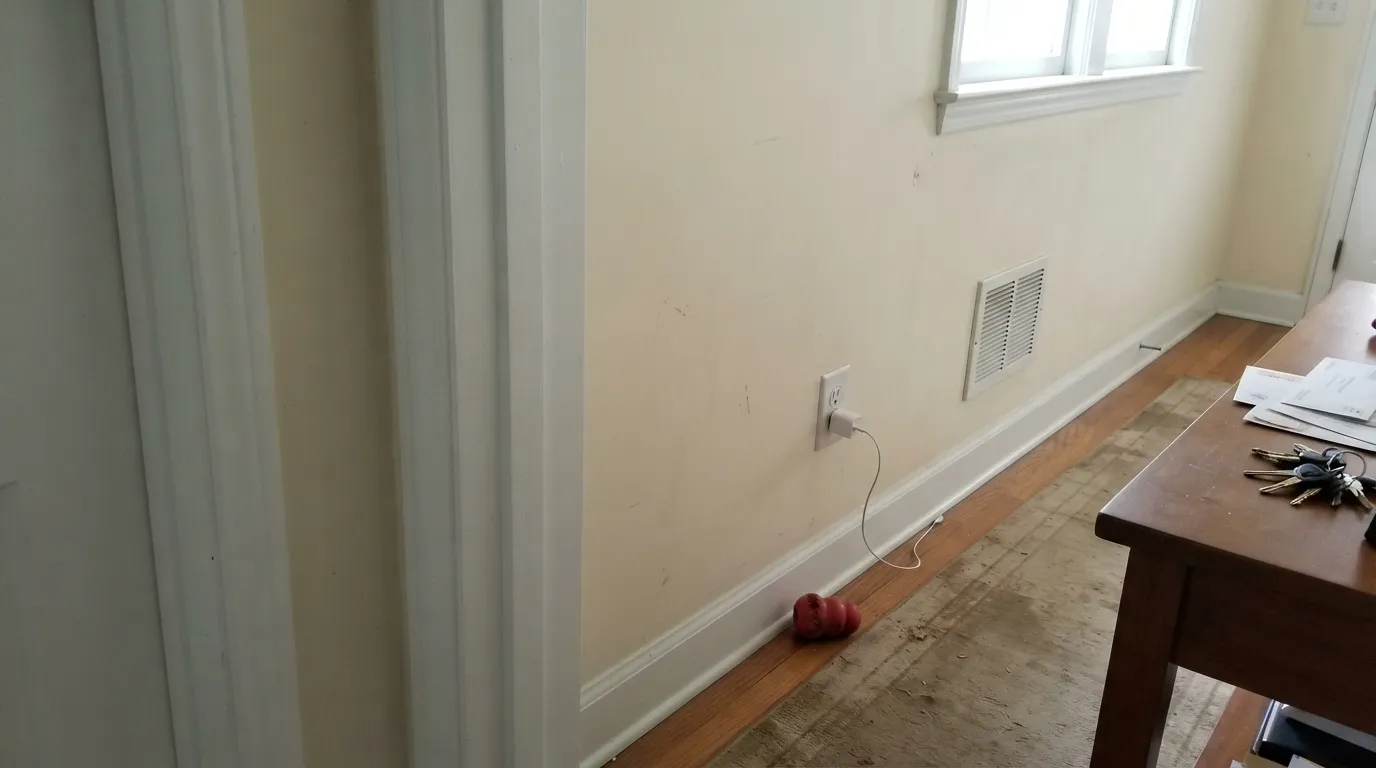 The honest shot: White Heron trim next to an older warm-cream wall. Neither color is wrong — the temperature clash is what readers mistake for a bad paint job.
