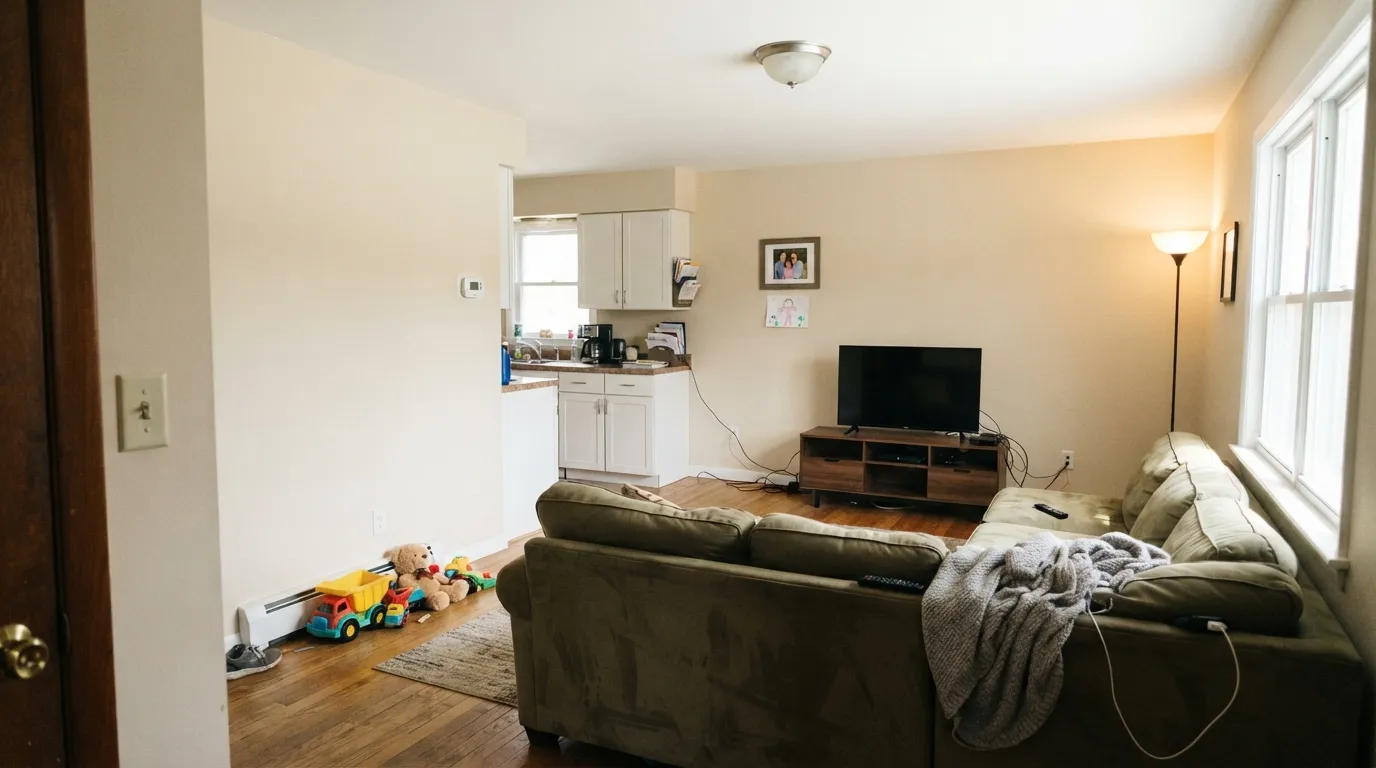 White Sand across a real family room — warm enough to feel settled at 4pm, quiet enough that the TV wall never glares, with crisp Simply White trim keeping it honest.