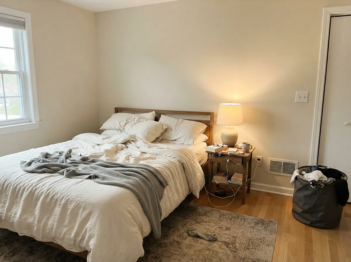 Under warm 2700K lamplight the sand turns creamy and restful — this is the color at its coziest, not its brightest.