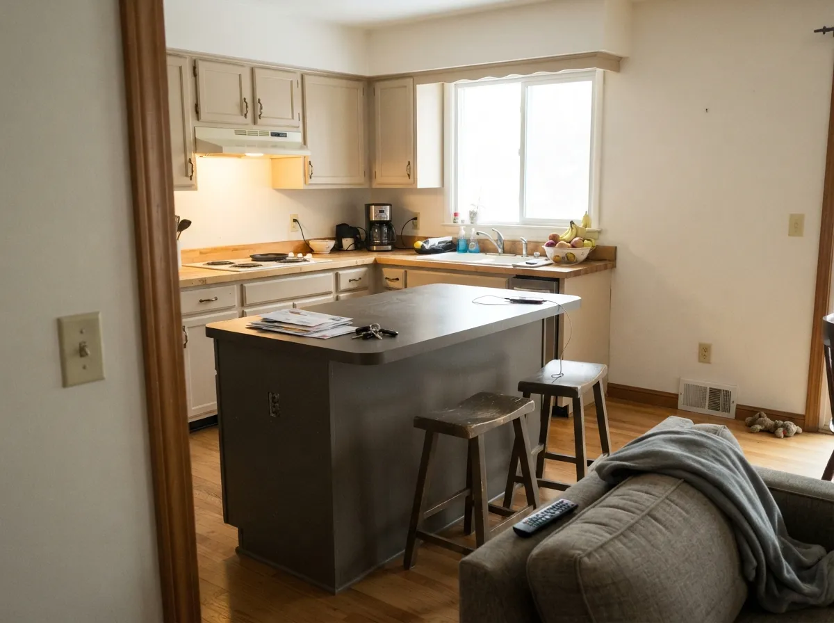 On cabinets it reads custom rather than builder-grade — warmer than another white kitchen, with a dark island doing the contrast work.