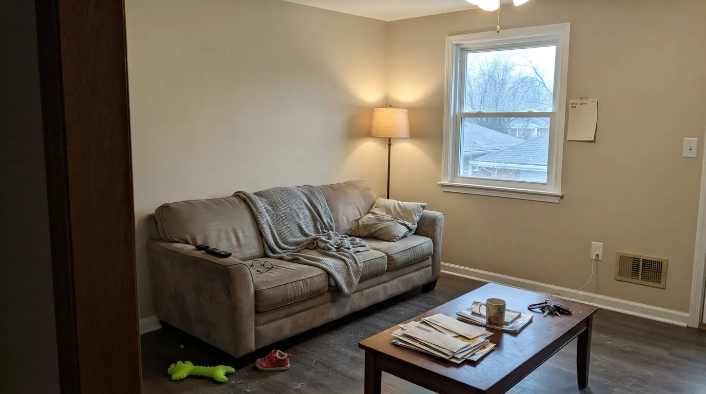 The honest shot: under a bright white ceiling in cool north light, nobody calls this a white — it is a beige, and a flat one until the warm lamps come on.