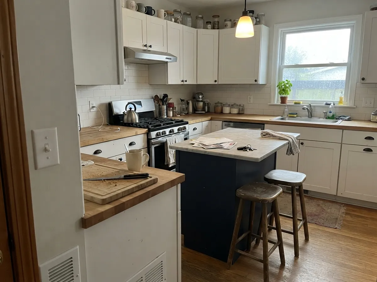 On cabinets beside a navy island the white stays crisp instead of creamy, and morning light keeps it clean rather than cold.