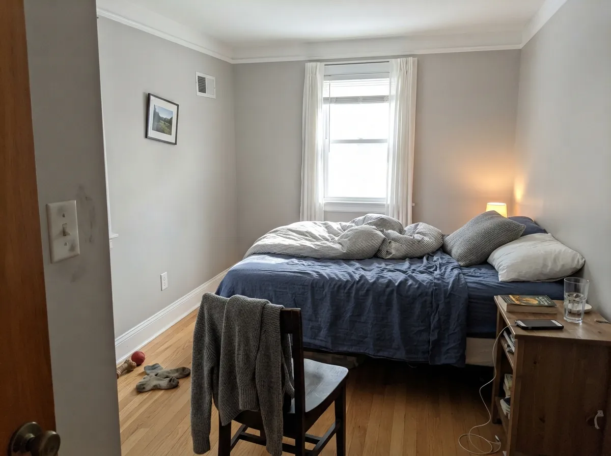 Its most common job: a neutral white overhead and on the trim, so the gray walls keep their own color instead of picking up a tint.