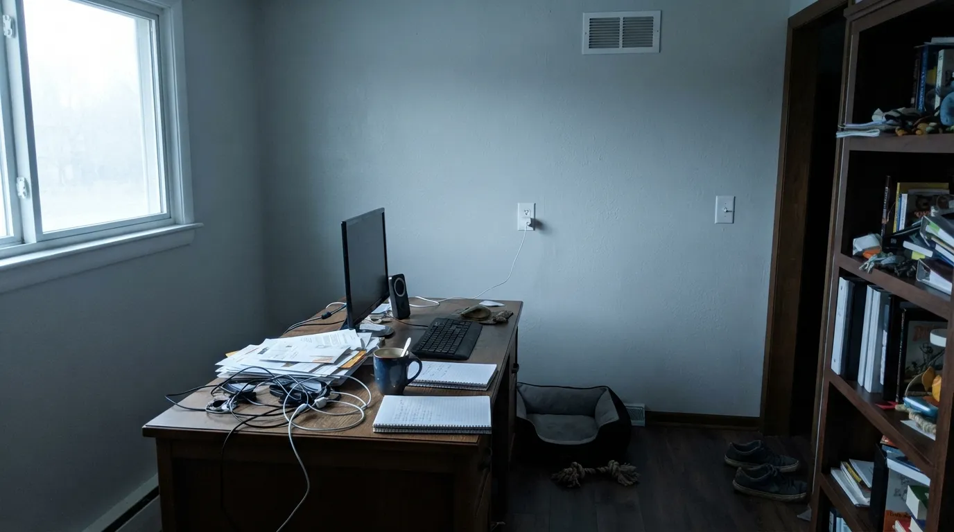 The honest shot: in a dim north room with the lamps off, all the warmth drains out and the walls go cold and clinical.