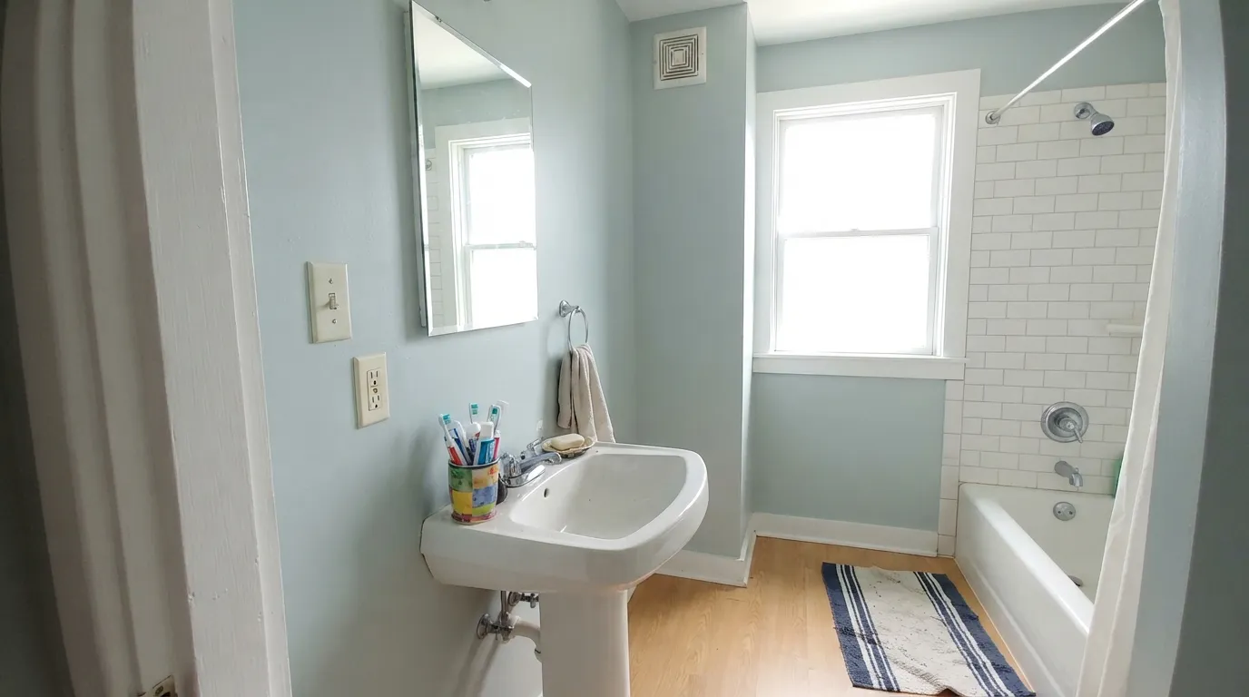 Wickham Gray in the light it was built for — strong daylight and chrome fixtures pull the blue-green forward into a silvery, spa-clean shimmer.