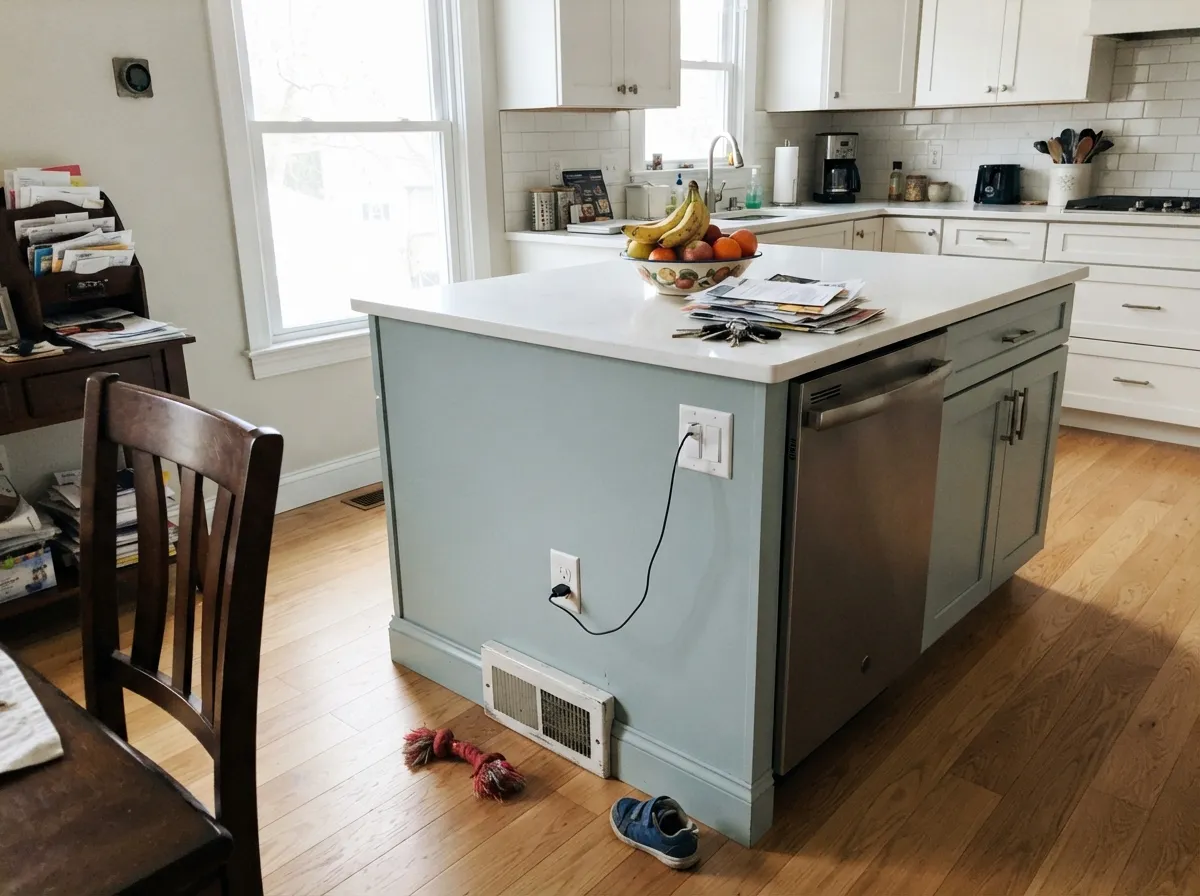 On an island against white quartz and nickel hardware, the cool undertone reads clean and modern-coastal instead of flat.