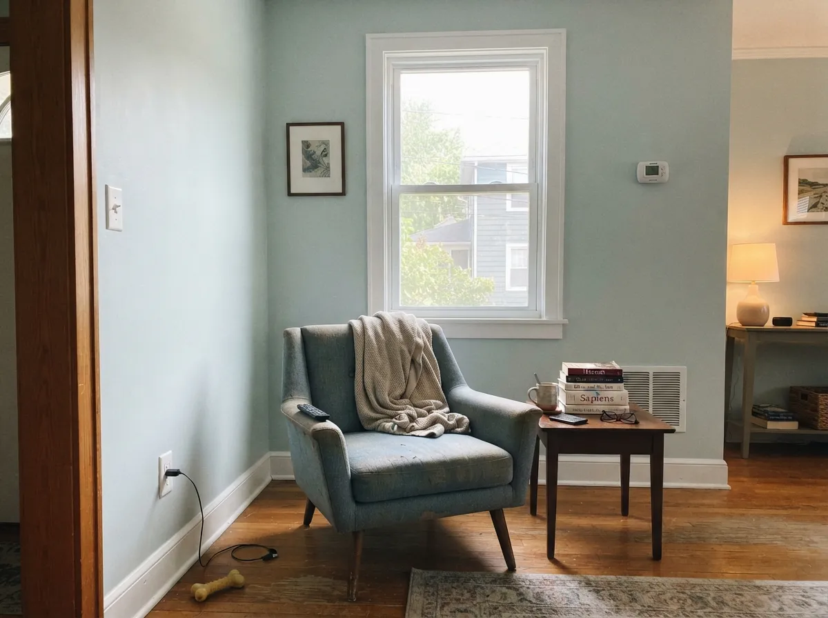 Real morning daylight keeps the blue-green alive through the room — this is the whole-house version people are hoping for when they buy the sample.