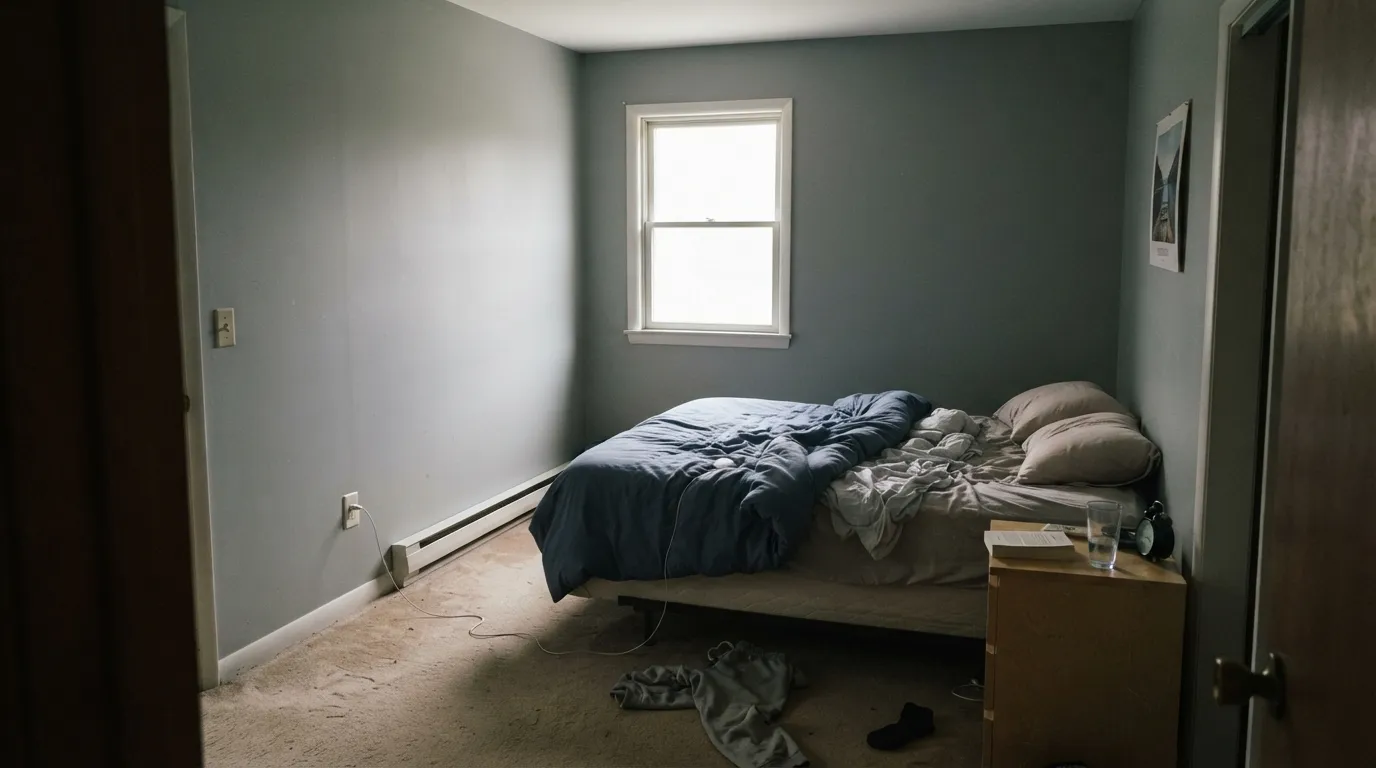 The honest shot: without real daylight, the blue-green has nothing to reflect and the wall goes plain, slightly drab gray — the exact complaint behind the color's mixed reviews.