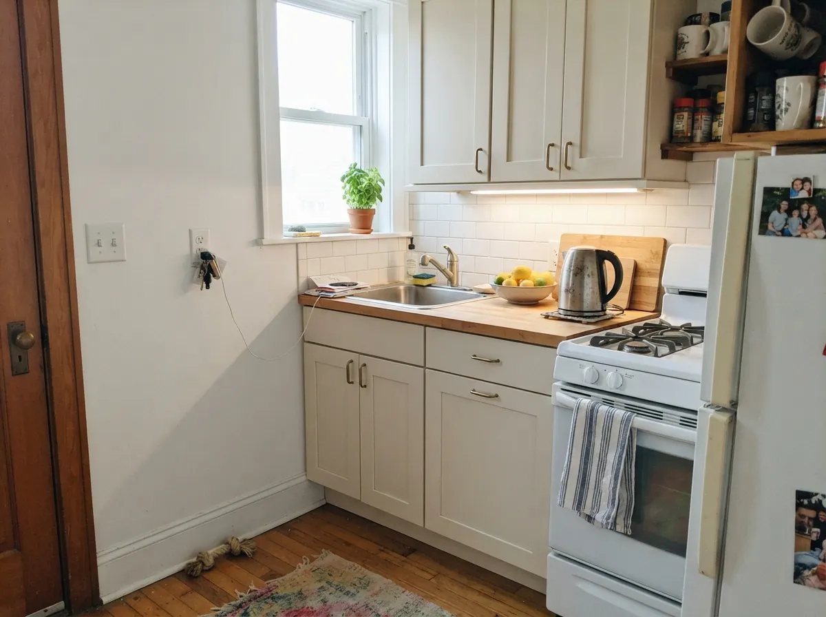 On cabinets it has body a builder white does not — warm against oak and brass, and forgiving about knuckle marks around the pulls.